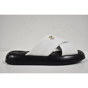 Chanel Black White Fabric Criss Cross Puffy CC Logo Slide Mule Sandal Flat 38